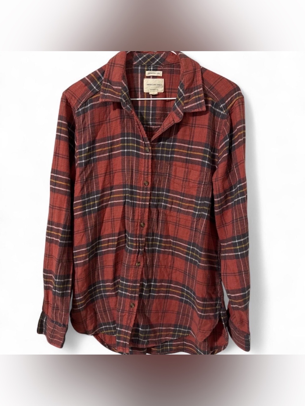 American Eagle Outfitters Rust Plaid Shirt Jacket with Yellow Accent size L